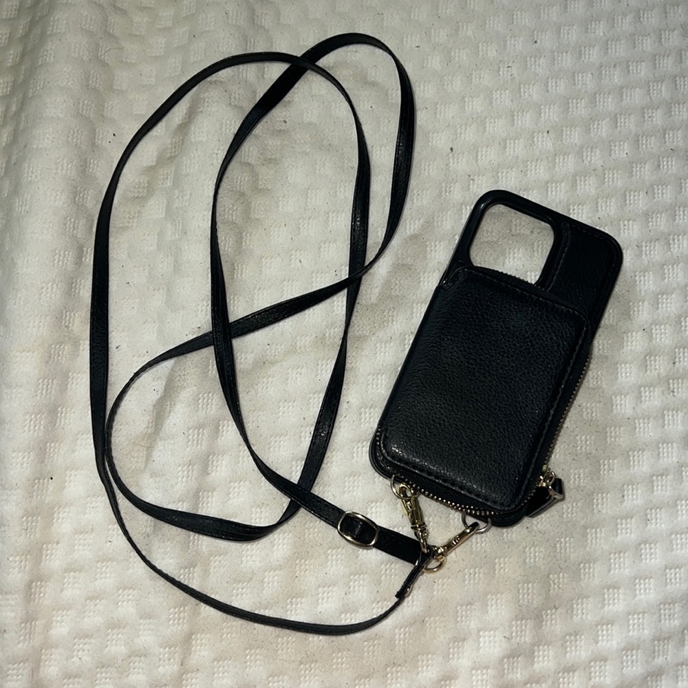 iPhone 13 phone case with wallet & cross body strap black and gold
